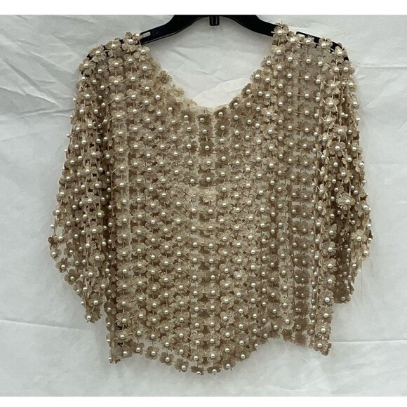 NWT Pearl Embellished Crochet Top, Gold Floral Embroidery Detail, flaw - Picture 10 of 13